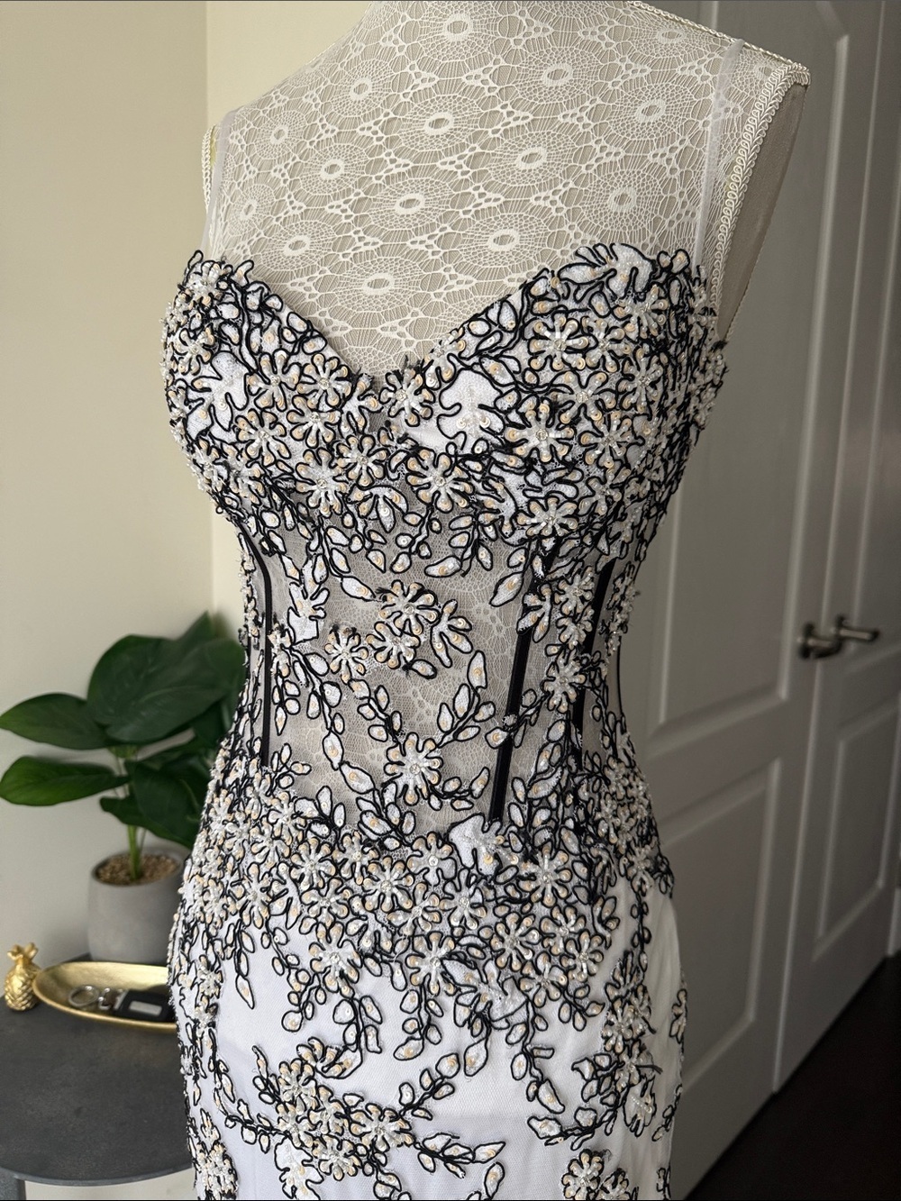 White Embroidered Strapless Evening Gown / Prom Dress - Picture 2 of 11